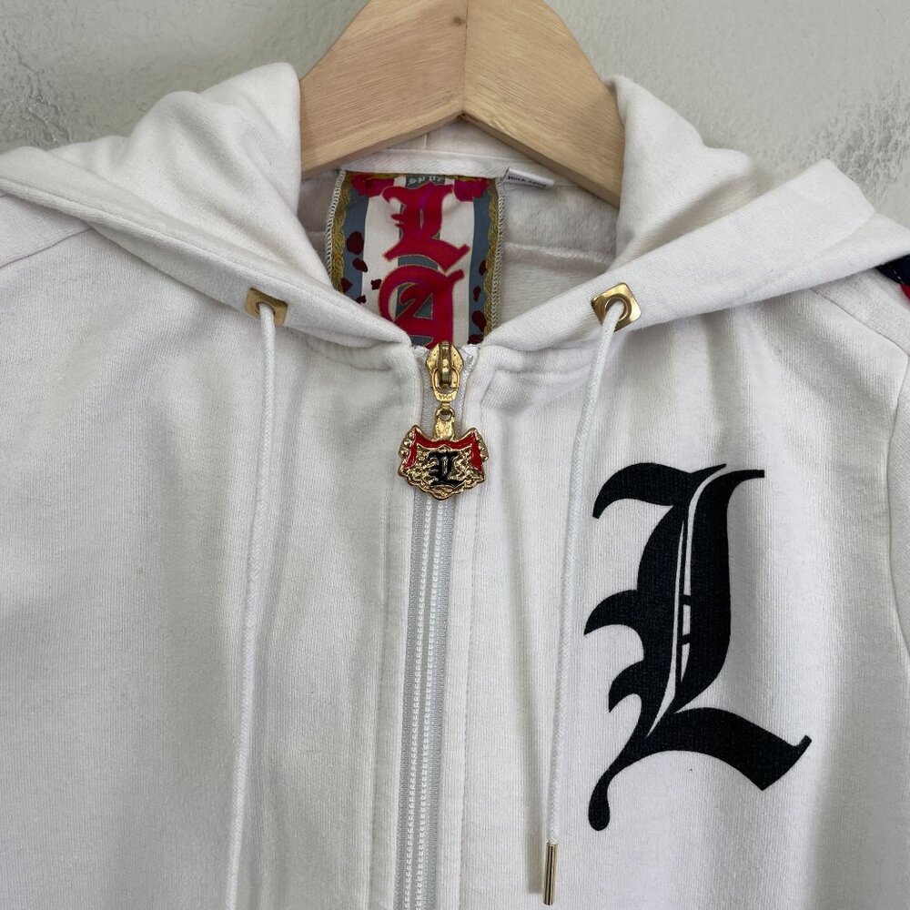 L.A.M.B. White Hoodie Jacket with Black Graphic and Red & Navy Braid Trim - Picture 3 of 13
